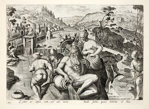 Jan Collaert（1566-1628）によって刻まれた &39;Venationes、Ferarum、Avium、Piscium&39;（Of Hunting：Wild Beasts、Birds、Fish）からのイラスト、釣り竿を使用した魚の捕獲方法フィリップス・ギャル